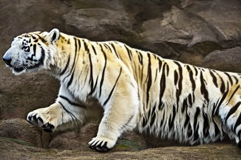 Image similar to a tiger polar bear!!! hybrid! hyper realistic!! realistic lighting!! wildlife photographer of the year!!! bold natural colors, national geographic, hd, wide angle, 8 k