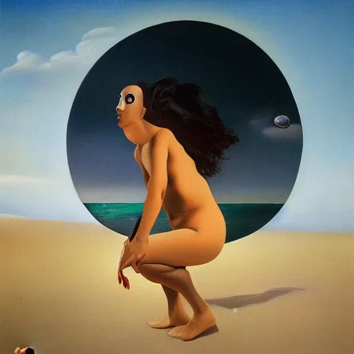 Prompt: A surreal oil painting of a puzzle containing a beautiful woman on a desert beach by Salvador Dali, dark vibes, high contrast, cinematic, depth of field