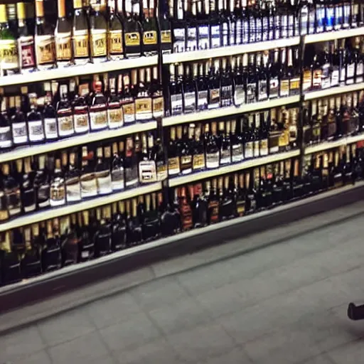 Image similar to old man walking in liquor store, security camera footage, cctv, high angle view,