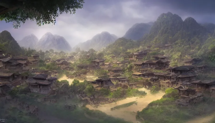 Prompt: matte painting of a beautiful tai village, digital art, trending on artstation