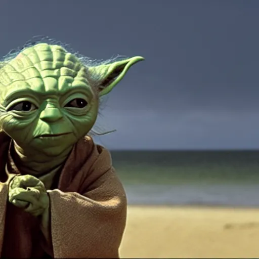 Image similar to film still of yoda on a beach movie 4 k