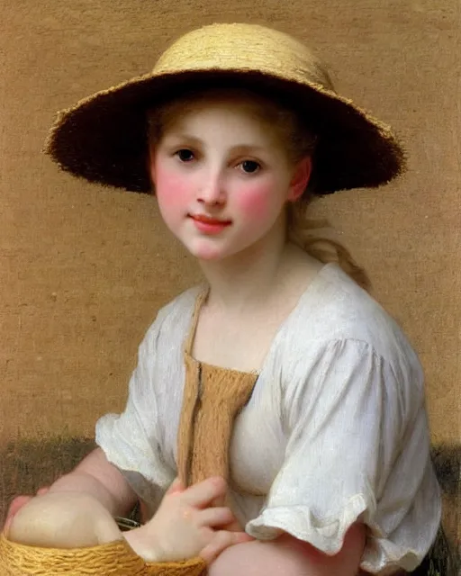 Prompt: young blond girl with straw hat, bouguereau