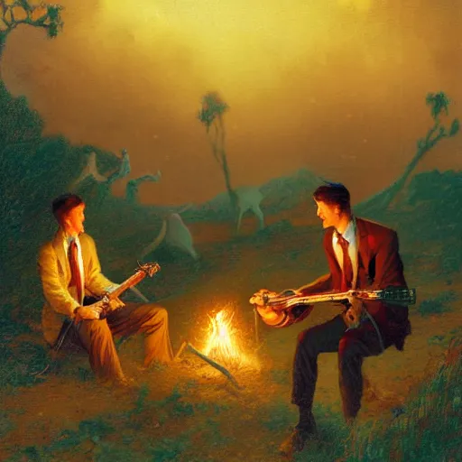 Prompt: three cute caracals wearing red ties with guitar, campfire, night, atmospheric lighting, intricate, volumetric lighting, digital art, highly detailed by gaston bussiere, craig mullins, j. c. leyendecker 8 k