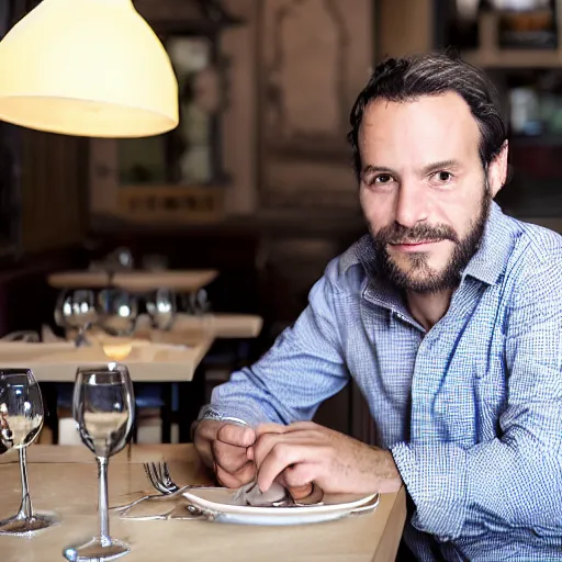 Prompt: photo of a frenchman from france seated in a restaurant ( ( ( in the year 1 9 8 0 ) ) ). 5 0 mm, studio lighting