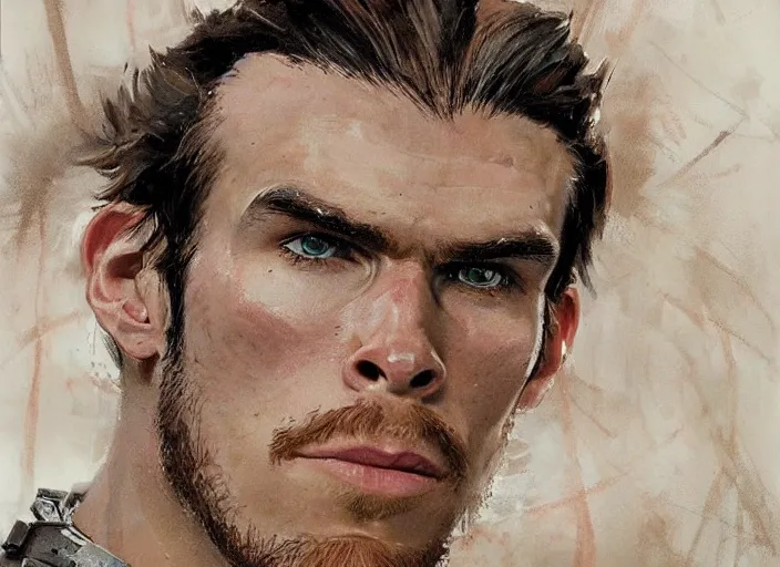 Image similar to a highly detailed beautiful portrait of gareth bale as kratos, by gregory manchess, james gurney, james jean