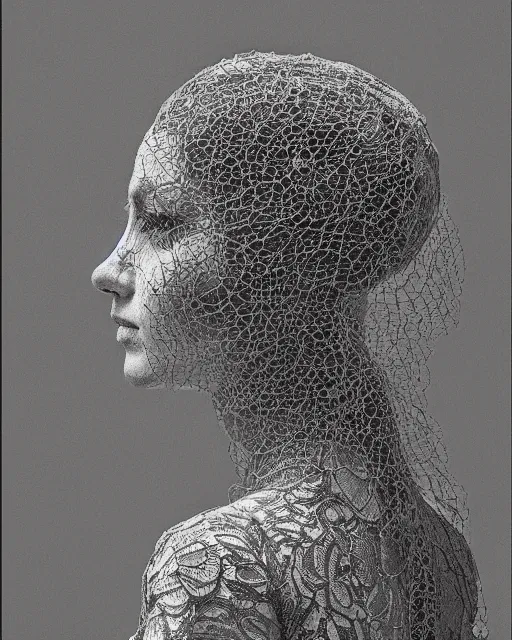 Image similar to a woman's face in profile, made of intricate decorative lace leaf skeleton, in the style of the dutch masters and gregory crewdson, dark and moody