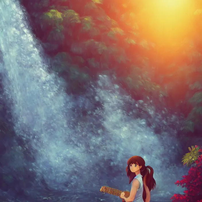 Image similar to an epic makoto shinkai and renoir landscape of a hawaiian waterfall, golden hour, 🌺. a brown haired woman playing a guitar. ultra smooth, lois van baarle, ilya kuvshinov, unreal engine, blender, trending on artstation, suntur, caleb worcester, highly detailed, photorealism, bloom effect 8 k