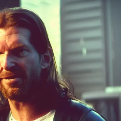 Image similar to a 4 k cinematic film still portrait of aphex twin breaking into the office from a gritty cyberpunk 2 0 0 0 s james cameron movie about the punisher. realism, cinematic lighting, 4 k. 8 mm. grainy. panavision.