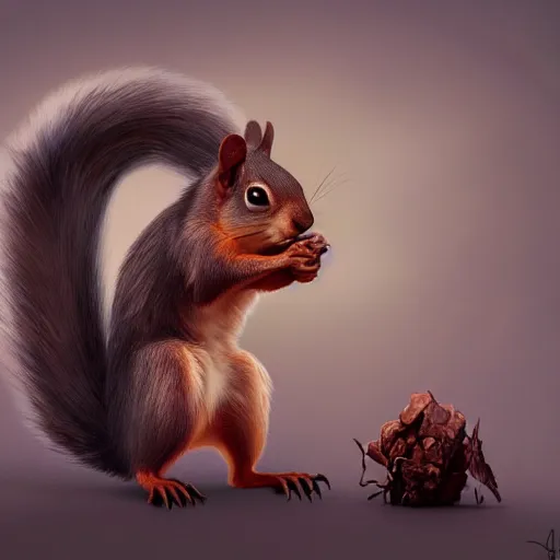 Prompt: genetically mutated squirrel, cute, evil, matte painting, artstation