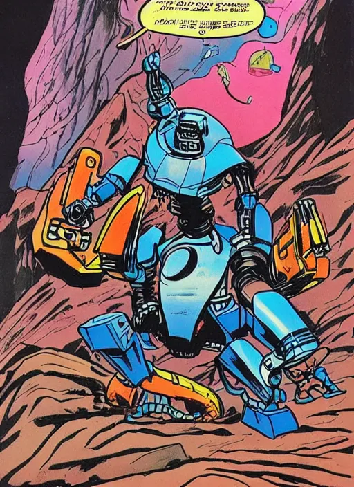Image similar to comic book drawing of a giant mechanical robot crab at the grand canyon by jack kirby!!! and simon bisley, epic, awesome trendy color palette, black ink outlines