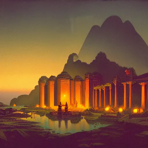 Prompt: a syd mead and ralph maquarrie style matte painting of an ancient indian temple ruins with candles lit inside, on top of a tropical hill, night