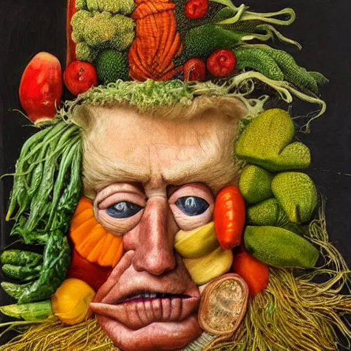 Prompt: highly detailed painting of donald trump made of vegetables, by giuseppe arcimboldo