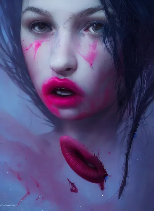 Image similar to shot of sinister girl with pouty aerochrome lips, fungal, adorable, expressive eyes, playful pose of a dancer, greg rutkowski, charlie bowater, yuumei, stephen gammell, unreal 5, daz, hyperrealistic, octane render, rpg portrait, dynamic lighting, fantasy art, beautiful face