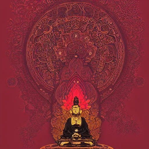 Prompt: dark red paper with intricate designs, tarot card, a mandelbulb fractal southeast asian buddha statue, full of golden layers, flowers, cloud, vines, mushrooms, swirles, curves, wave, by hokusai and mike mignola, trending on artstation, elaborate dark red ink illustration