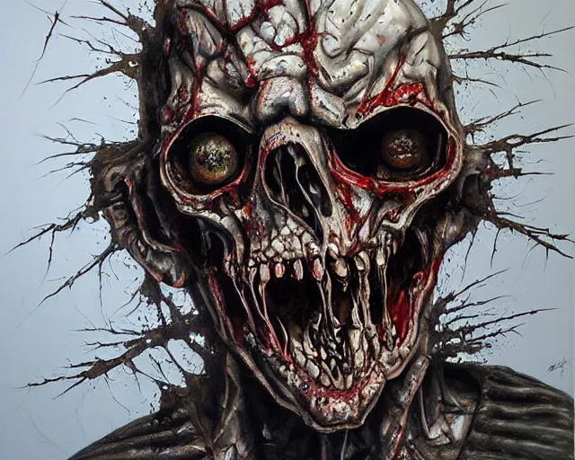 Image similar to Derek Riggs painting of a zombie, hyper detailed, heavy metal,