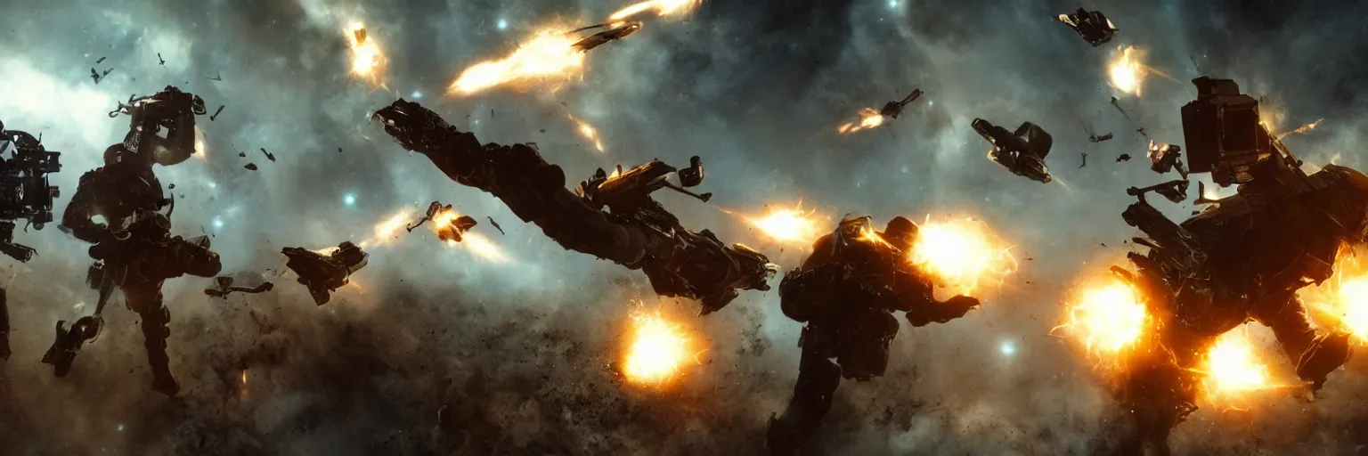 Image similar to space pirate shooting, action scene, explosions, in the style of Robert Kirkman, dramatic, HD, 4K