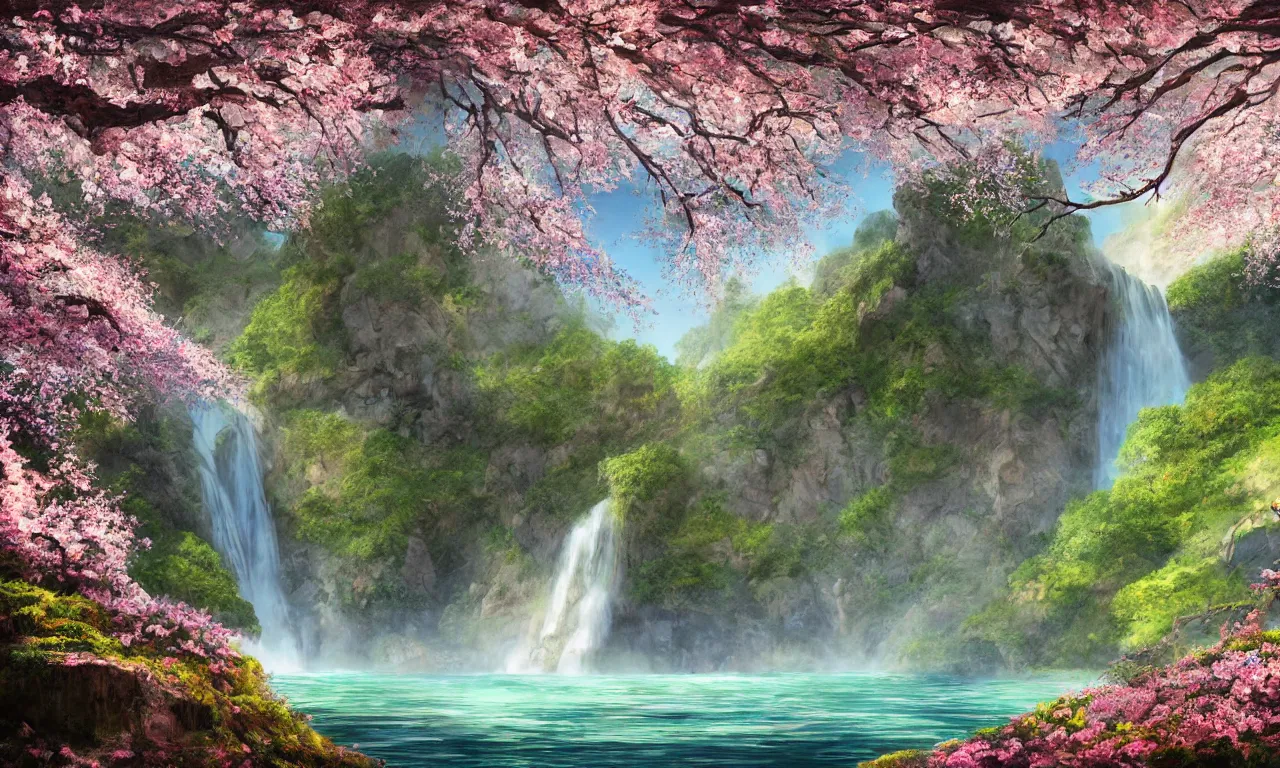 Prompt: beautiful enclosed area surrounded by cliffs with waterfalls and a big cherry blossom tree in the center, concept art, digital art, highly detailed