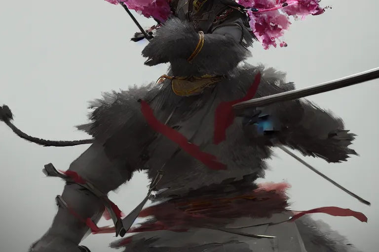 Image similar to an environmental concept art of samurai anthropomorohic black bear, samurai duel, sakura petals blowing in the wind, highly detailed, environmental light, epic, 8 k, artstation, deviantart, award winning, cinematic by francis tneh