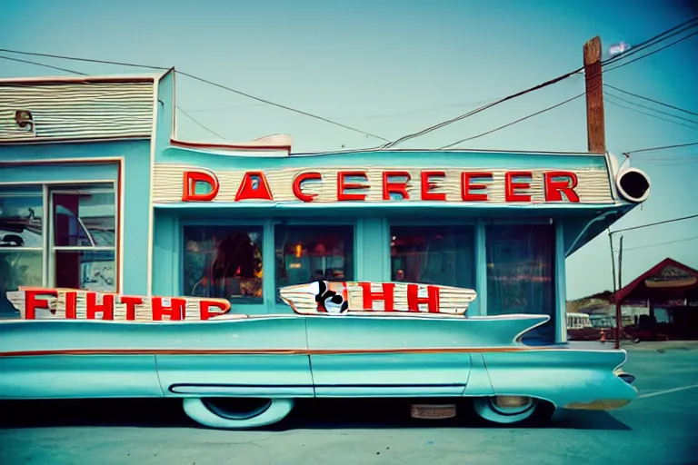 Prompt: 2 0 1 5 fish themed underwater american diner, googie architecture, two point perspective, americana, fishcore, restaurant exterior photography, 8 5 mm, taken by alex webb