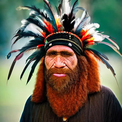 Prompt: award winning photograph of neanderthal with beautiful feather headdress, vivid color, f 1. 8, cannon, nikon, national geographic