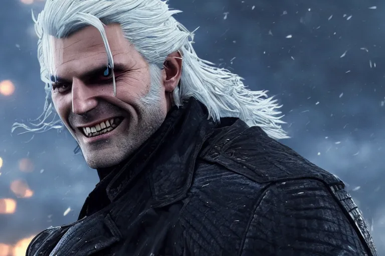 Prompt: vfx movie closeup suave handsome grinning vampire with long white hair, trench coat, dual wielding large revolvers, leaping into the air, low gravity in a shattered reality of new york city, cool aviators witcher devil may cry by emmanuel lubezki