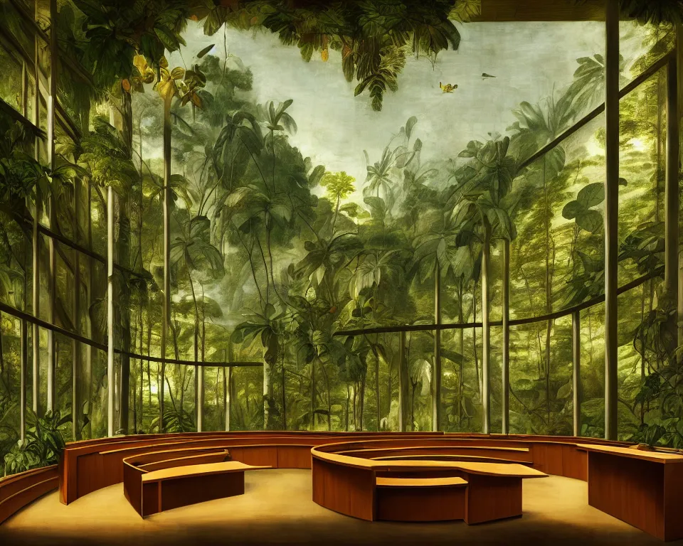 Image similar to a modernist courtroom in the rainforest by raphael and hopper. hyperdetailed, proportional, romantic, enchanting, achingly beautiful, graphic print, trending on artstation, jungle, tropical, foliage