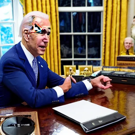 Image similar to joe biden playing using a pioneer cdj in the oval office, cdj nxs 2, high quality photo sharp focus bright direct light, shot by terry richardson