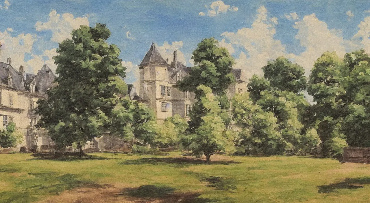 Image similar to a landscape painting of a French manor, with a square, in the style of anime