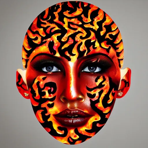 Image similar to artistic drawing of beautiful female face, made entirely from painted flames, made entirely from painted flames, made entirely from painted flames, made entirely from painted flames, made entirely from painted flames, trending on Artstation