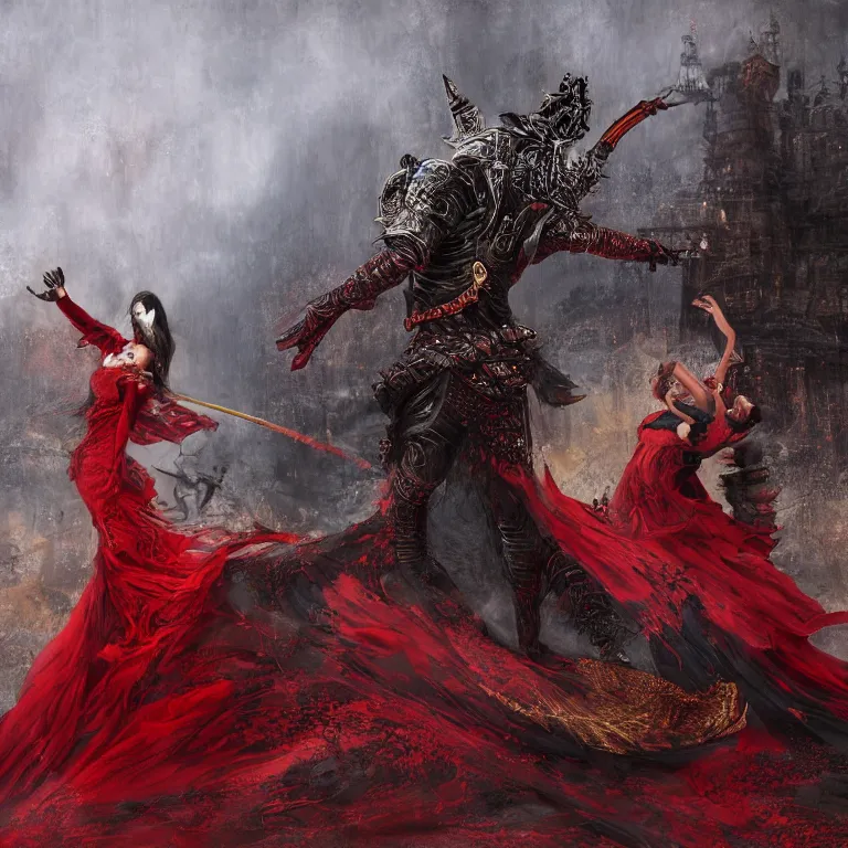 Image similar to black man and a female devil in red dress dancing, Dark Souls 3 themed, in style of Ruan Jia, insanely detailed and intricate, golden ratio, elegant, ornate, luxury, elite, matte painting, cinematic, cgsociety, James jean, Brian froud, ross tran, Laputa