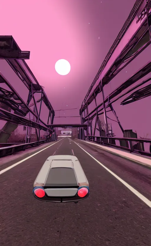 Prompt: pink or blue car on a bridge at midnight, full moon, SOMA game style, horror