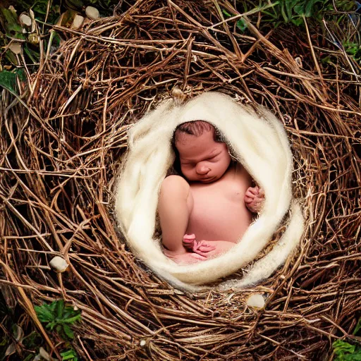 Prompt: a baby human hatching out of an egg in a nest, photography, award winning, 8 k, national geographic channel, discovety channel