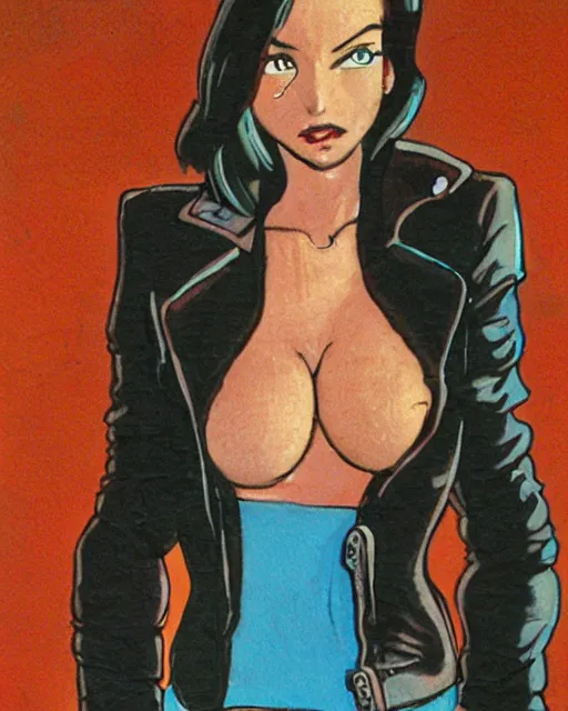 Image similar to young female protagonist in leather jacket, city street, artwork by ralph bakshi