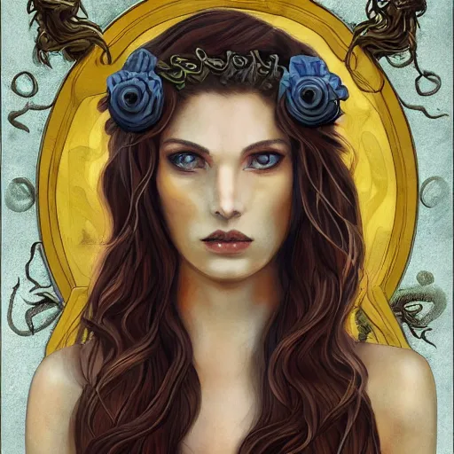 Image similar to character concept portrait of a beautiful woman with pale full face, medusa, with a lot of snakes for hair, blue / grey eyes, elegant, digital painting, art nouveau, smooth, focus, red glow