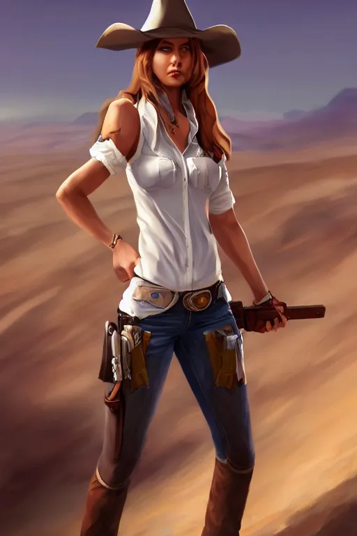 Image similar to full body, female cowgirl, perfect face, white blouse, empty gun holster, 8 k, magic the gathering, desert, d & d, artstation, high detail, smooth, muscular