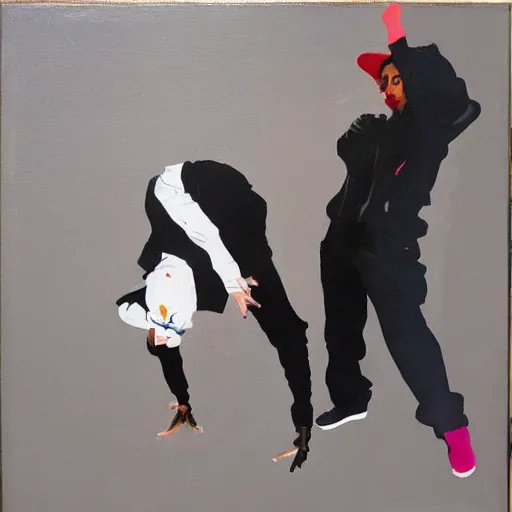Image similar to painting of breakdancers in baggy 90s clothing in the style of michael carson