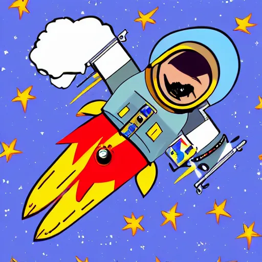 Image similar to An astronaut in space riding on a rocket, in the style of gage taylor