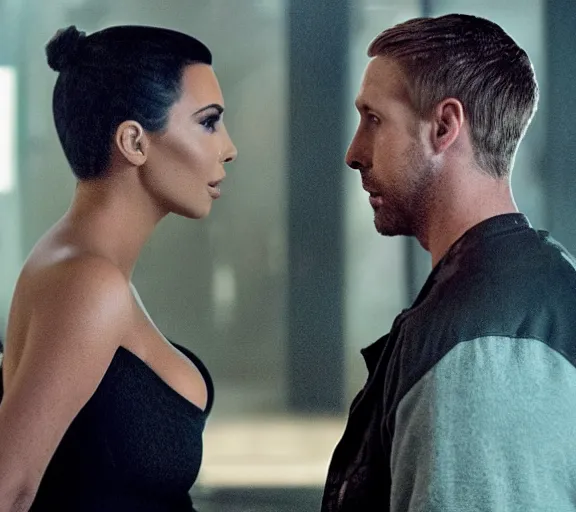 Image similar to a movie still of kim kardashian talking with ryan gosling in the movie blade runner 2 0 4 9