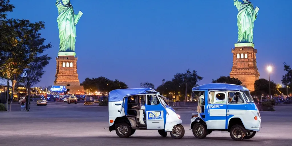 Image similar to a blue tuk tuk with the statue of liberty in the background, night