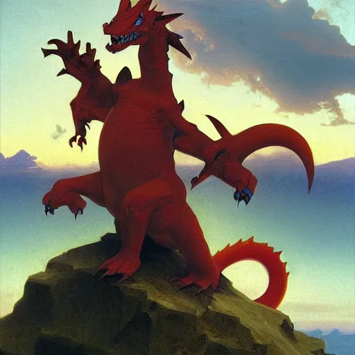 Image similar to Painting of a Charizard as Godzilla. Art by william adolphe bouguereau. During golden hour. Extremely detailed. Beautiful. 4K. Award winning.