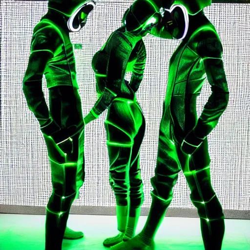 Image similar to love, diverse green cybersuits, from behind, connection rituals, wide wide angle, vivid, elaborate, highly detailed, beautiful lighting