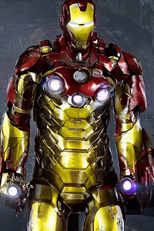 Image similar to ryan reynolds in a damaged and broken iron man suit, cinematic, volumetric lighting, f 8 aperture, cinematic eastman 5 3 8 4 film, photorealistic