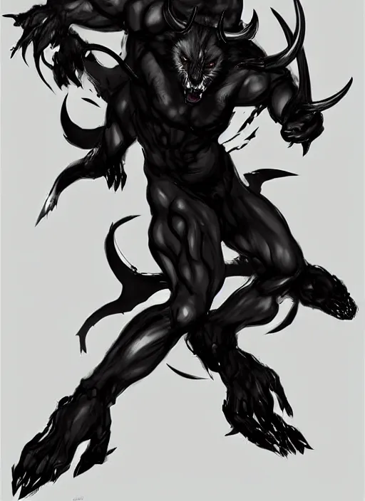 Prompt: Full body portrait of horned shadow bear spirit with sharp claws. In style of Yoji Shinkawa and Hyung-tae Kim, trending on ArtStation, dark fantasy, great composition, concept art, highly detailed.