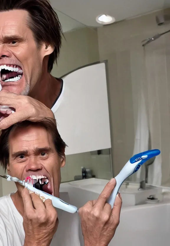 Prompt: jim carrey brushing his teeth with an electric toothbrush suds cinematic bright light heaven