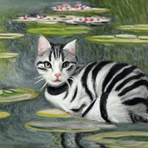 Image similar to a white black and grey tabby cat with a black and grey striped head, stretching on a lilypad floating on a lake, in the style of Water Lilies painting by Monet