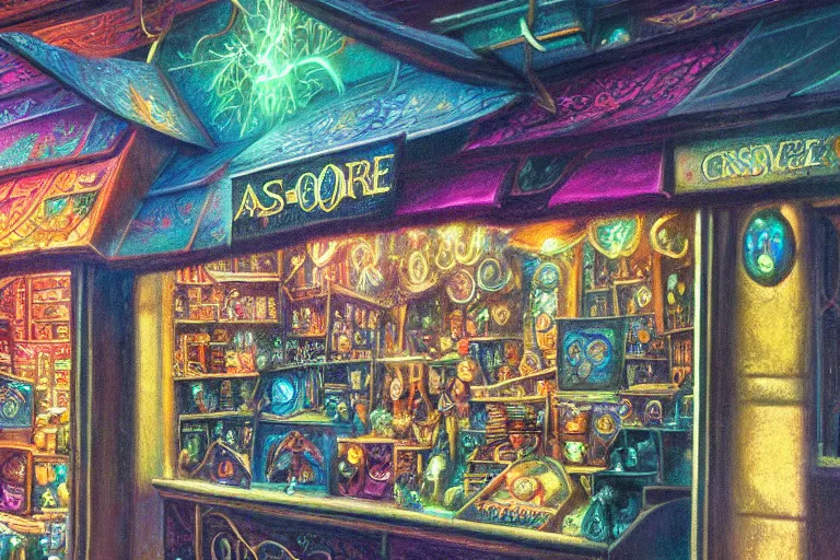 Prompt: Close-up of a Magic's store, pastel painting, extremely detailed, glass, high fantasy, colorful, rgb, dark, beautiful, trending on artstation, HD