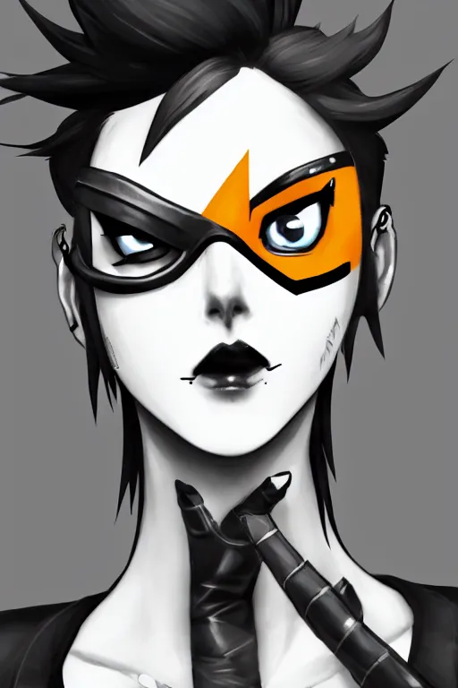 Image similar to digital drawing of tracer from overwatch in a goth style, wearing black lipstick and black eyeliner, 4 k, artstation, beautiful artwork, volumetric lighting, extremely detailed, neutral expression, focus on face, fog,