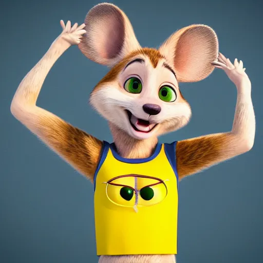 Prompt: 3 d render, portrait, mid shot, anthropomorphic mouse, female, blond fur, blue eyes, wearing denim short shorts and a off yellow tank top shirt, solo, in the style of zootopia