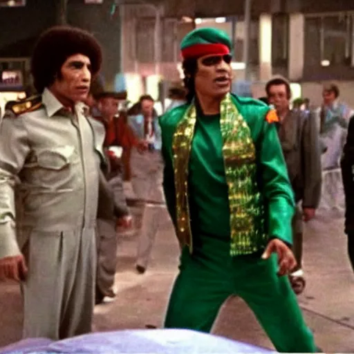 Image similar to A movie still of Muammar Gaddafi wearing a disco suit in Satuday Night Fever