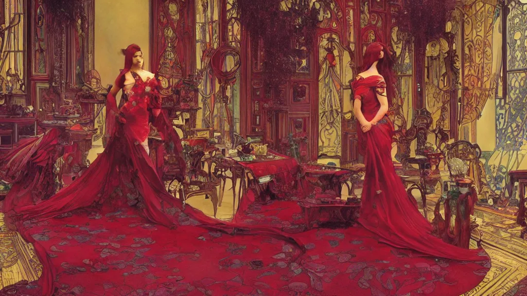 Image similar to a woman made of rubies stands in the living room, film still from the movie directed by Denis Villeneuve with art direction by android jones and donato giancola and alphonse mucha, wide lens, 4K, realistic